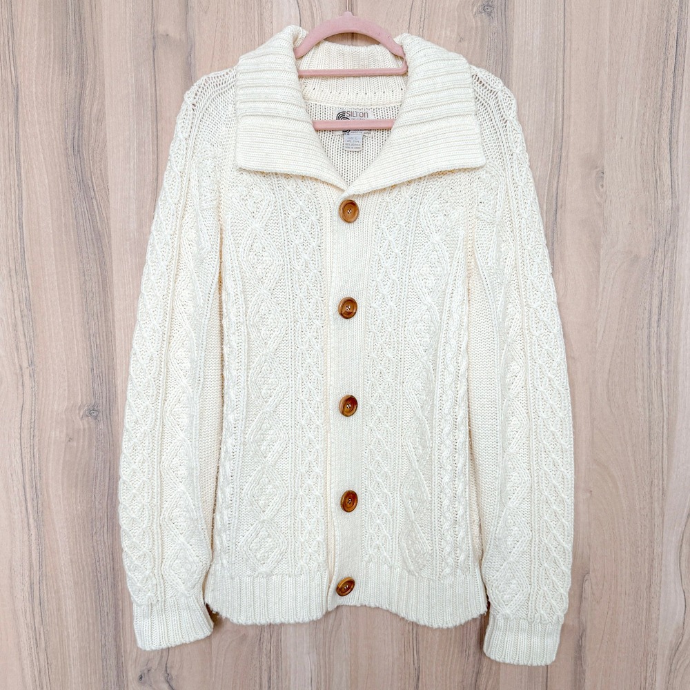 VTG Silton California Womens Fisherman Cardigan Size L Ivory Cable Knit‎ Preppy